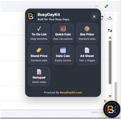 Actual BusyDayKit Widget Hub prototype showing seven utility tiles